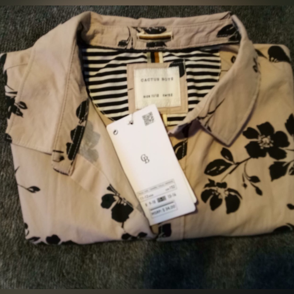 Cactus Boys Be Kind Casual SS Shirt Sz 14/16 Tan/Black/Floral Item# 166962593699